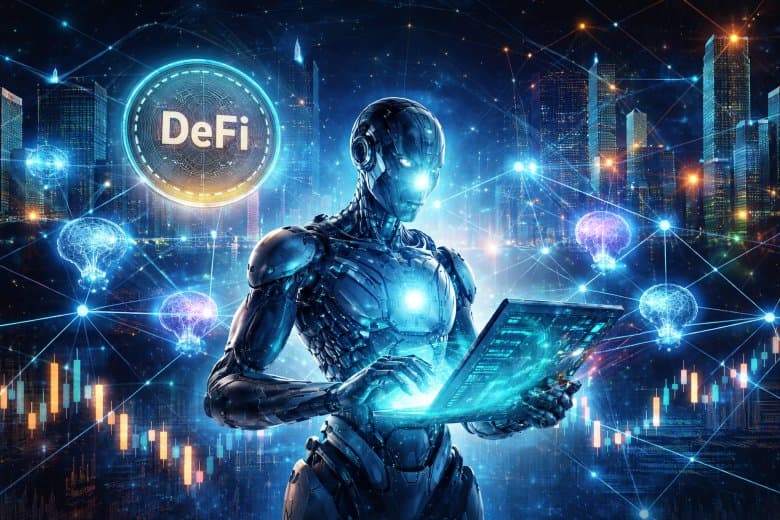 AI analyzing DeFi in a cyberpunk city - Autonomous AI risk